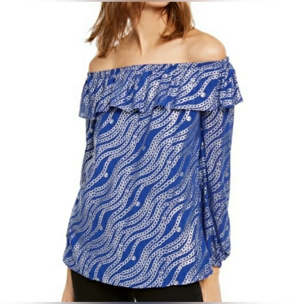 Michael Kors Royal Blue Off-Shoulder Ruffle Blouse with White Wave Print